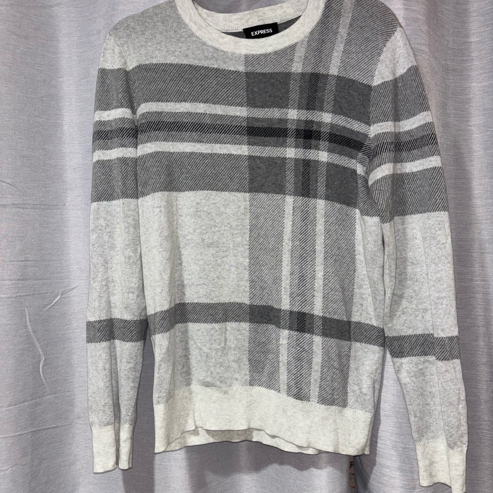 Express Men's Gray Striped Crewneck Sweater
